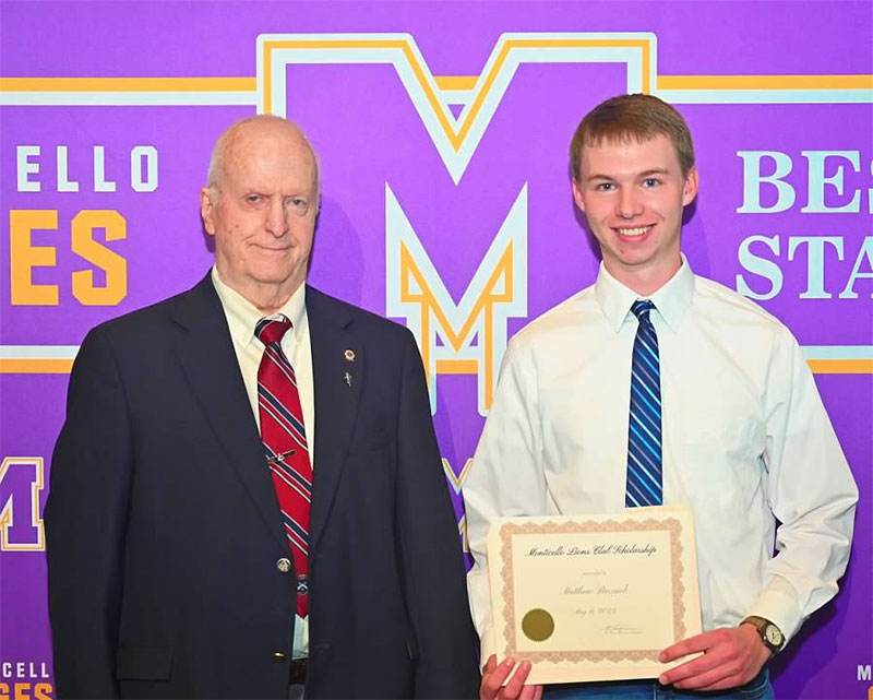 Lion Fred Seibold presents the $2000 Lions Club Scholarship 2024 award to Mr. Matthew Barnick